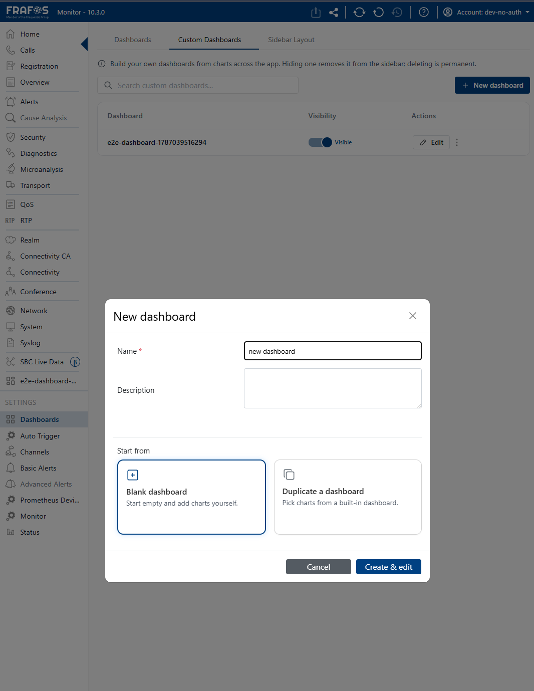 Create dashboard modal