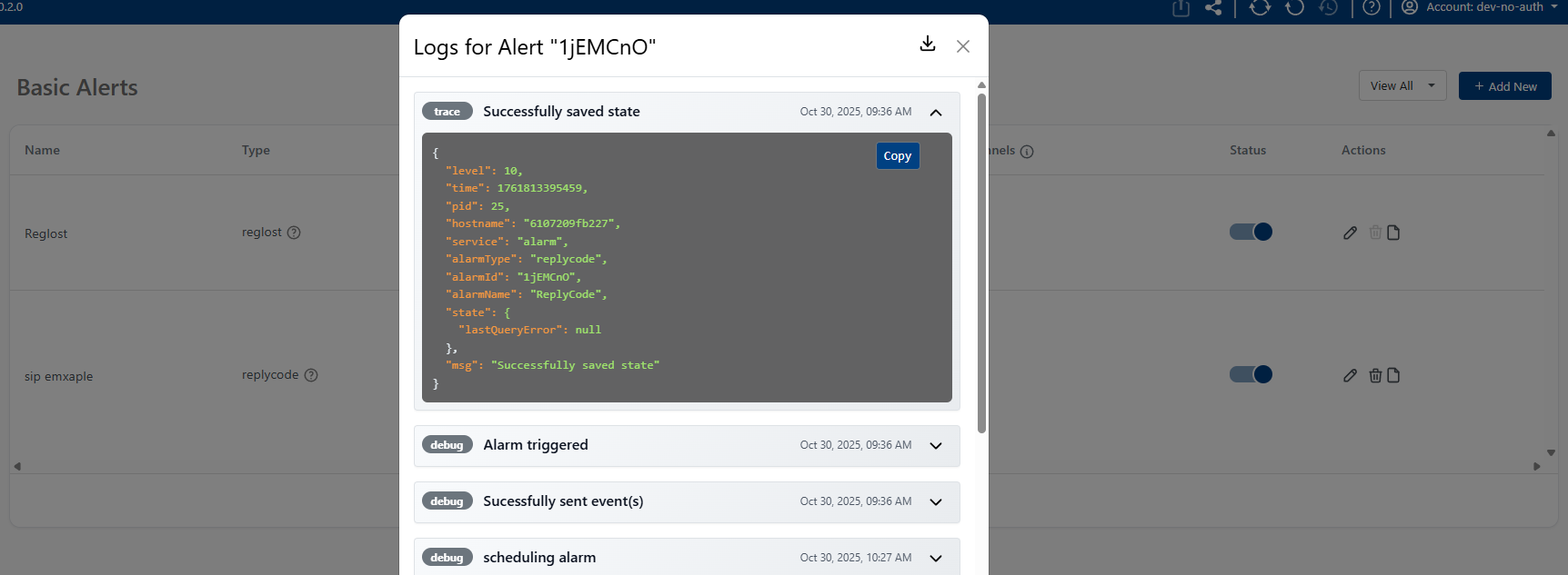 Basic Alert Execution Logs Detail