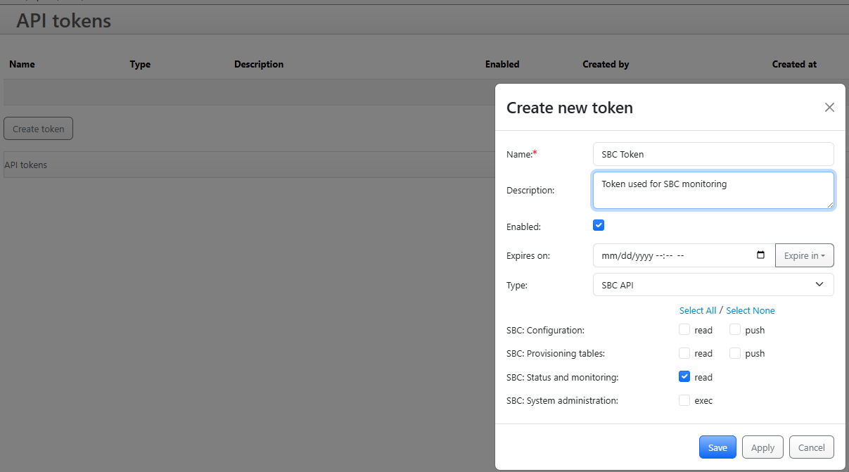 SBC API Token generation page