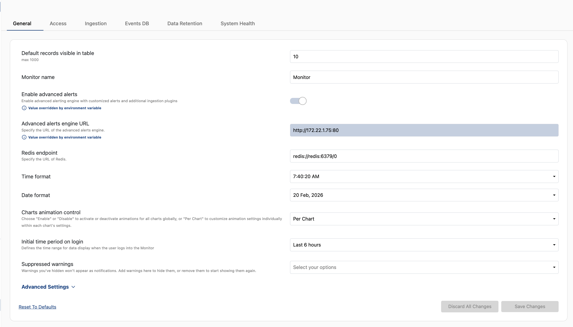 Suppressed warnings config in the Monitor General tab